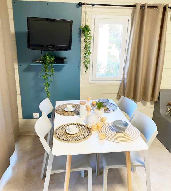 rénovation mobil home salon bleu